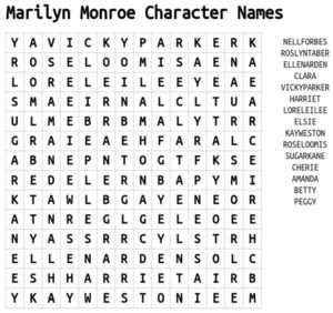 Marilyn Monroe Character Names Word Search 