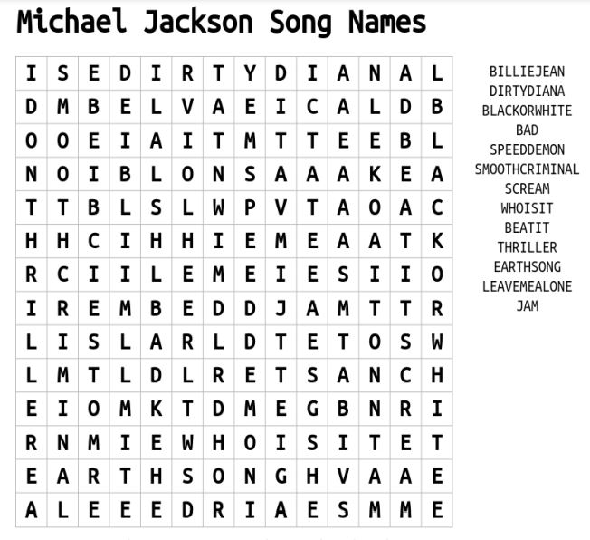Michael Jackson Song Names Word Search 