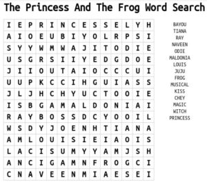 The princess And The Frog Word Search