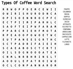Types Of Coffee Drinks Word Search 