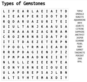 Types Of gemstones Word Search Puzzle