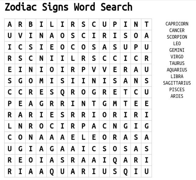Zodiac Signs Word Search 