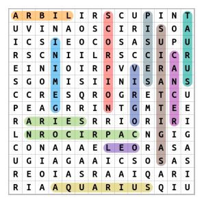 Zodiac Signs Word Search Solution