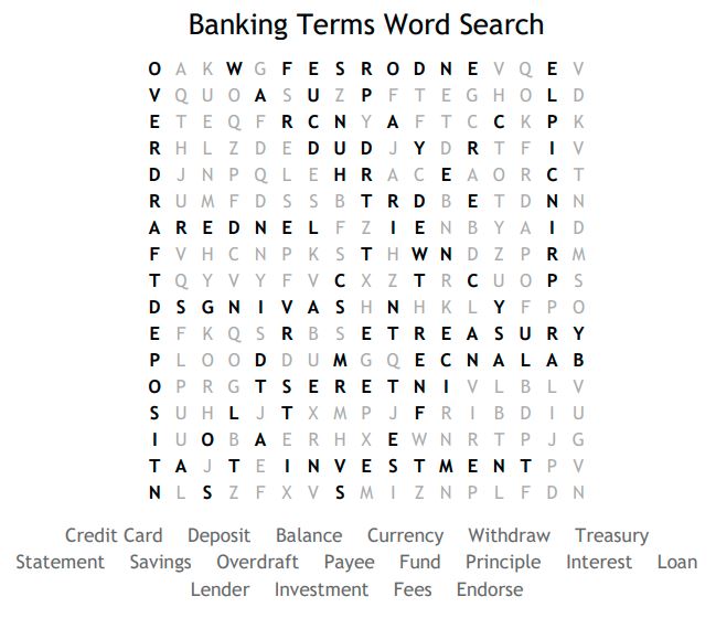 Banking Terms Word Search Solution