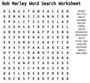 Bob Marley Word Search Worksheet