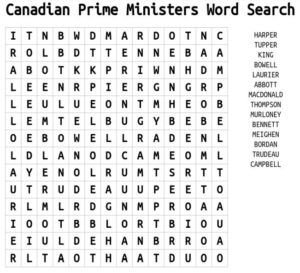 Canadian Prime Ministers Word Search 