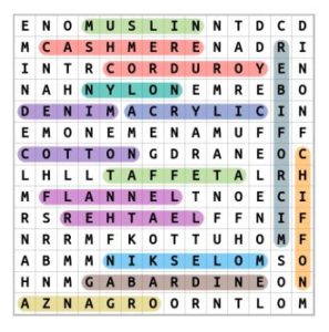 Fabric Word Search Puzzle Worksheet Solution