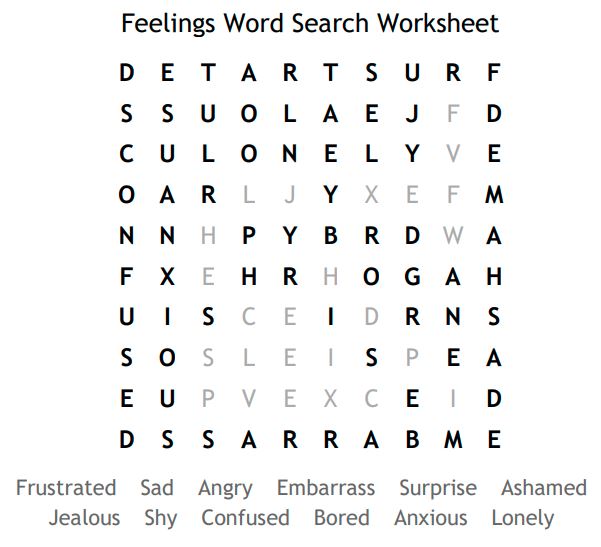 Feelings Word Search Worksheet Solution