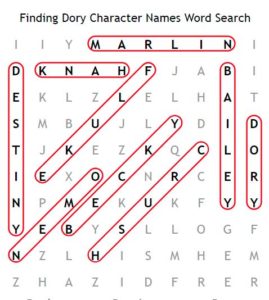 Finding Dory Character names Word Search Solution