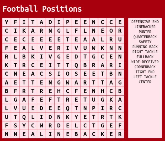 Football Positions Word Search