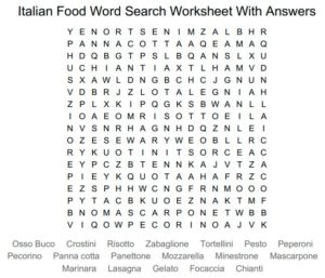 Italian Food Word Search Worksheet