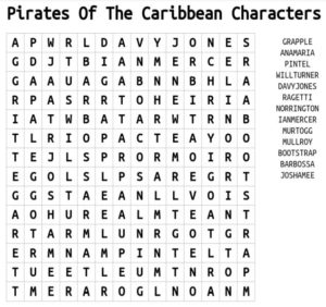 Pirates Of The Caribbean Characters Word Search