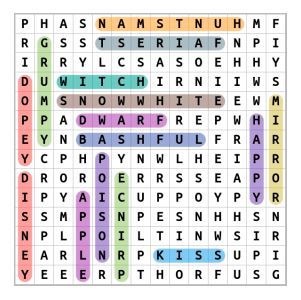 Snow White And The Seven Dwarfs Word Search Puzzle Solution