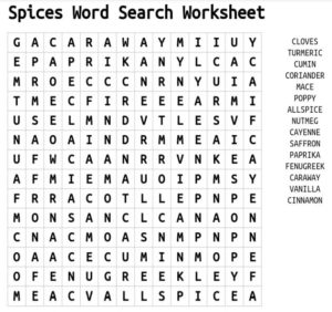 Spices Word Search Worksheet