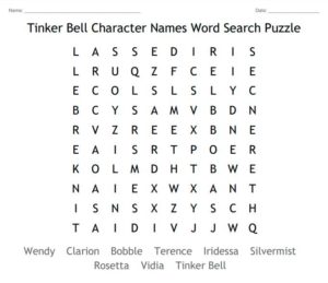 Tinker Bell Character Names Word Search Puzzle
