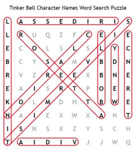Tinker Bell Character Names Word Search Puzzle Solution