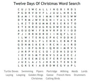 Twelve Days Of Christmas Word Search