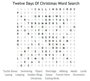 Twelve Days Of Christmas Word Search Solution