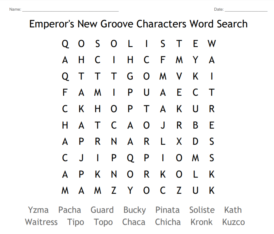 Emperor's New Groove Characters Word Search