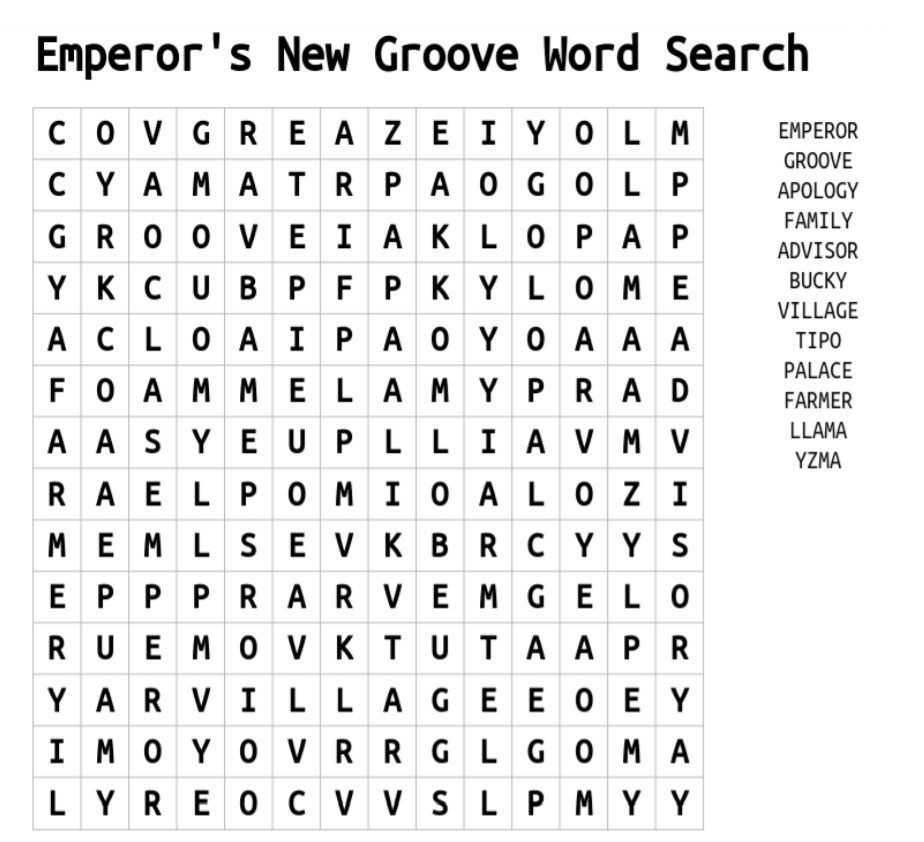 Emperor's New Groove Word Search 