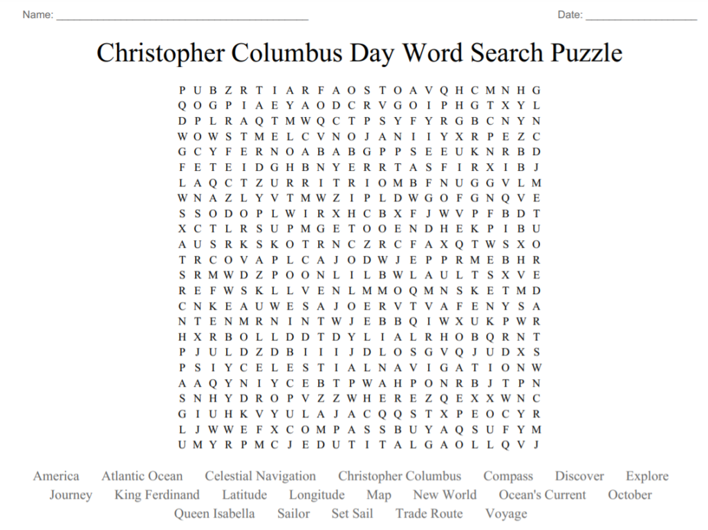 Christopher Columbus Day Word Search Puzzle 