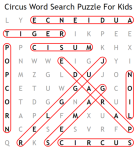 Circus Word Search Puzzle For Kids Answers