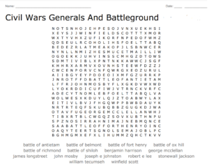 Civil War Generals And Battlegrounds Word Search Puzzle