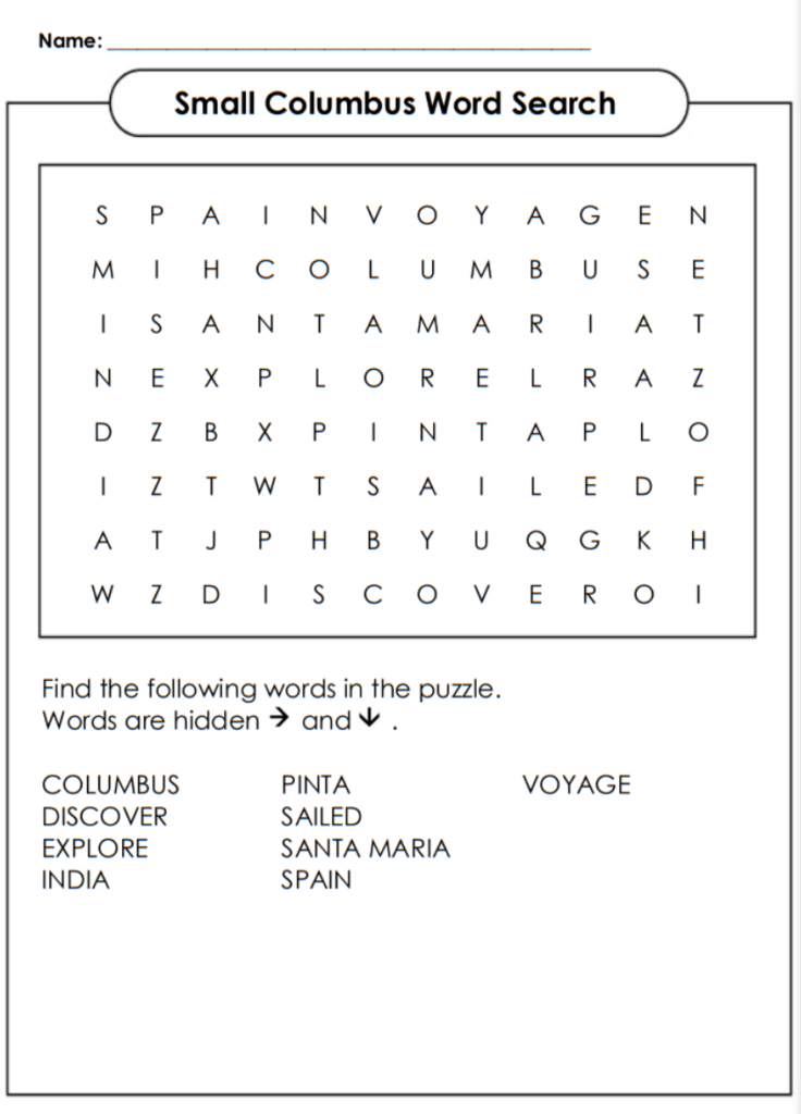 Small Christopher Columbus Word Search For Kids 
