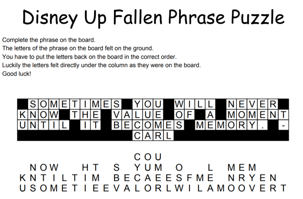 Disney Up Fallen Phrase Puzzle Solution