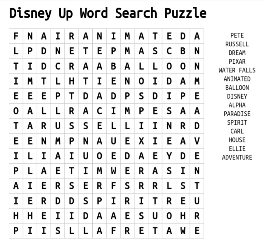 Disney Up Word Search Puzzle