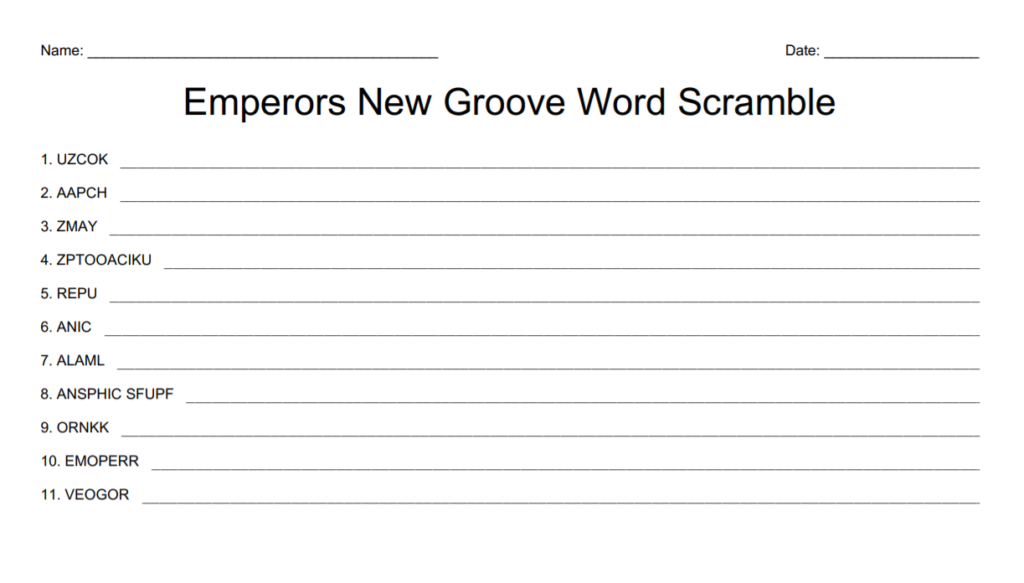 Emperor's New Groove Word Scramble Puzzle