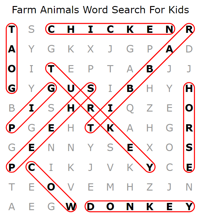 Farm Animals Word Search For Kids Solution
