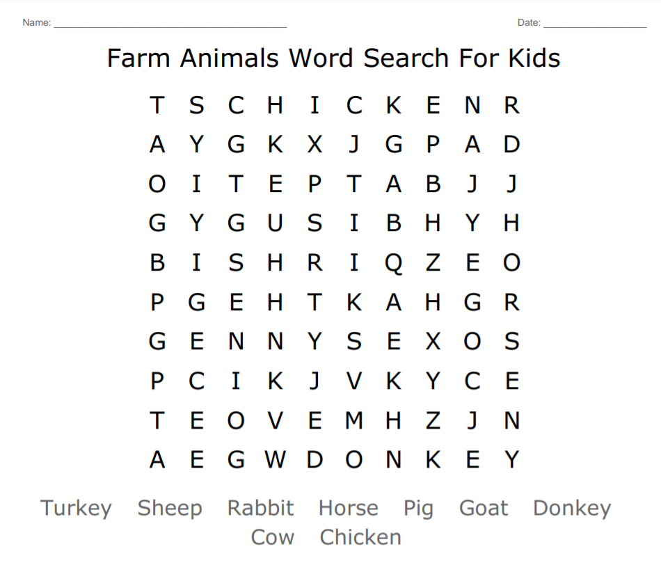 Farm Animals Word Search For Kids