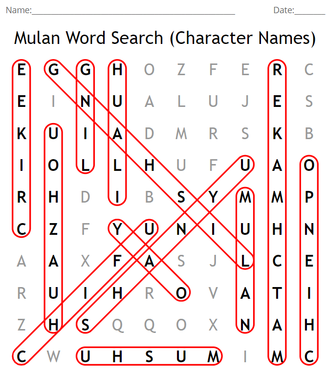 Mulan Word Search Answers