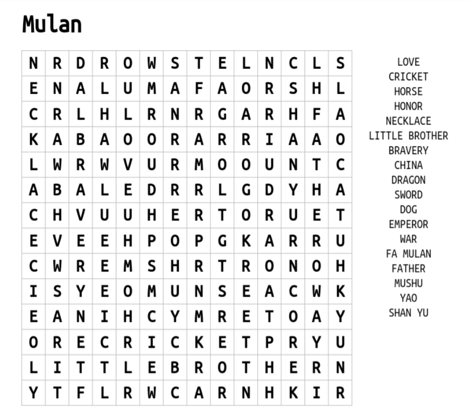Mulan Word Search Puzzle