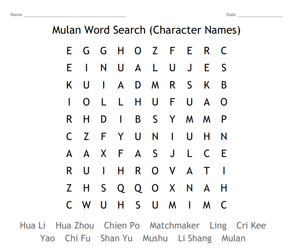 Mulan Word Search