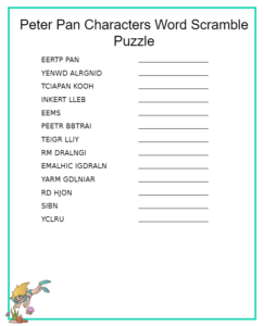 Peter Pan Character Names Word Scramble Puzzle