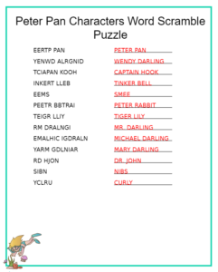Peter Pan Character Names Word Scramble Puzzle Answers