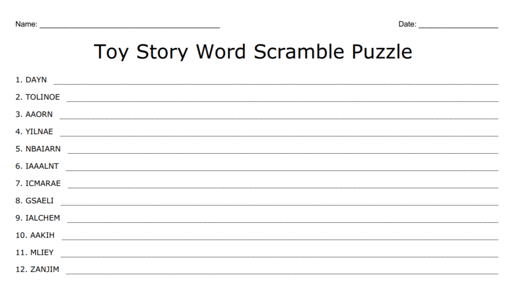Toy Story Word Scramble Puzzle 