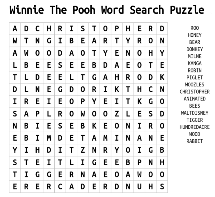 Winnie The Pooh Word Search Puzzle 
