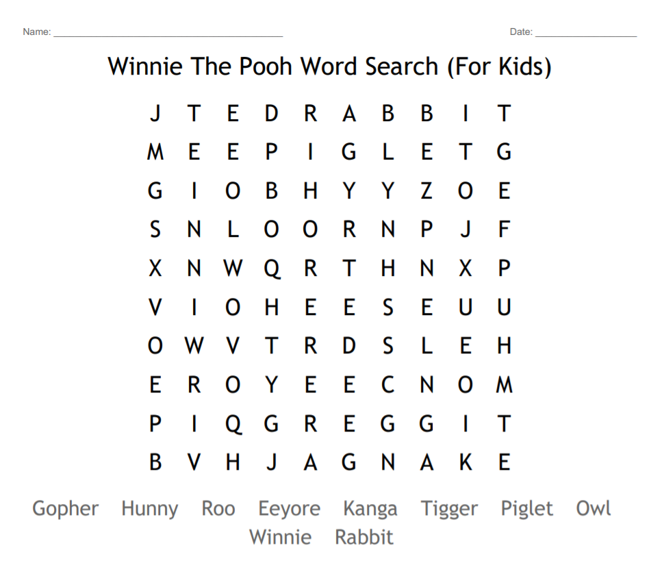 Winnie The Pooh Word Search 