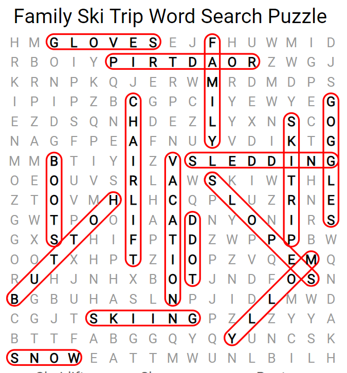 Family Ski Trip Word Search Puzzle Answers
