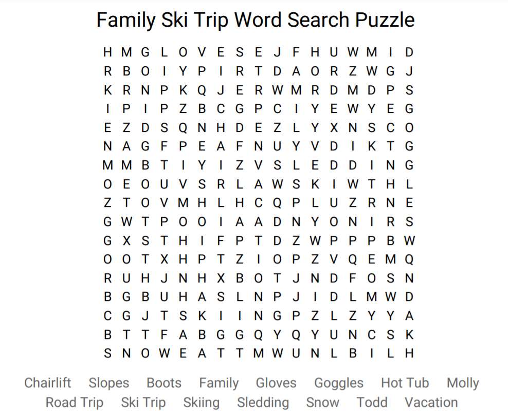 Family Ski Trip Word Search Puzzle 