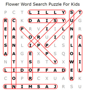 Flowers Word Search Puzzle For Kids Answers