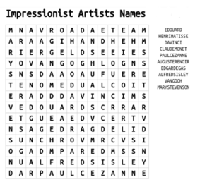 Impressionist Artists Names Word Search Puzzle