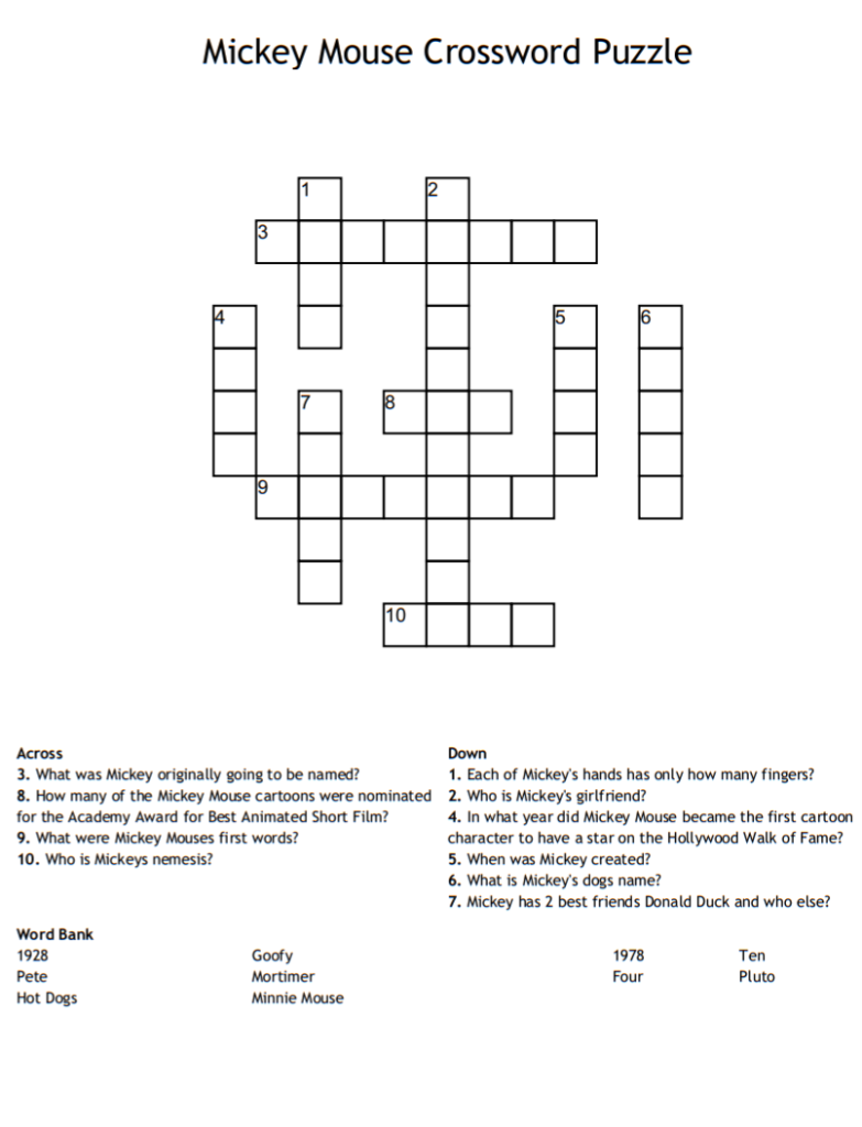 Mickey Mouse Crossword Puzzle