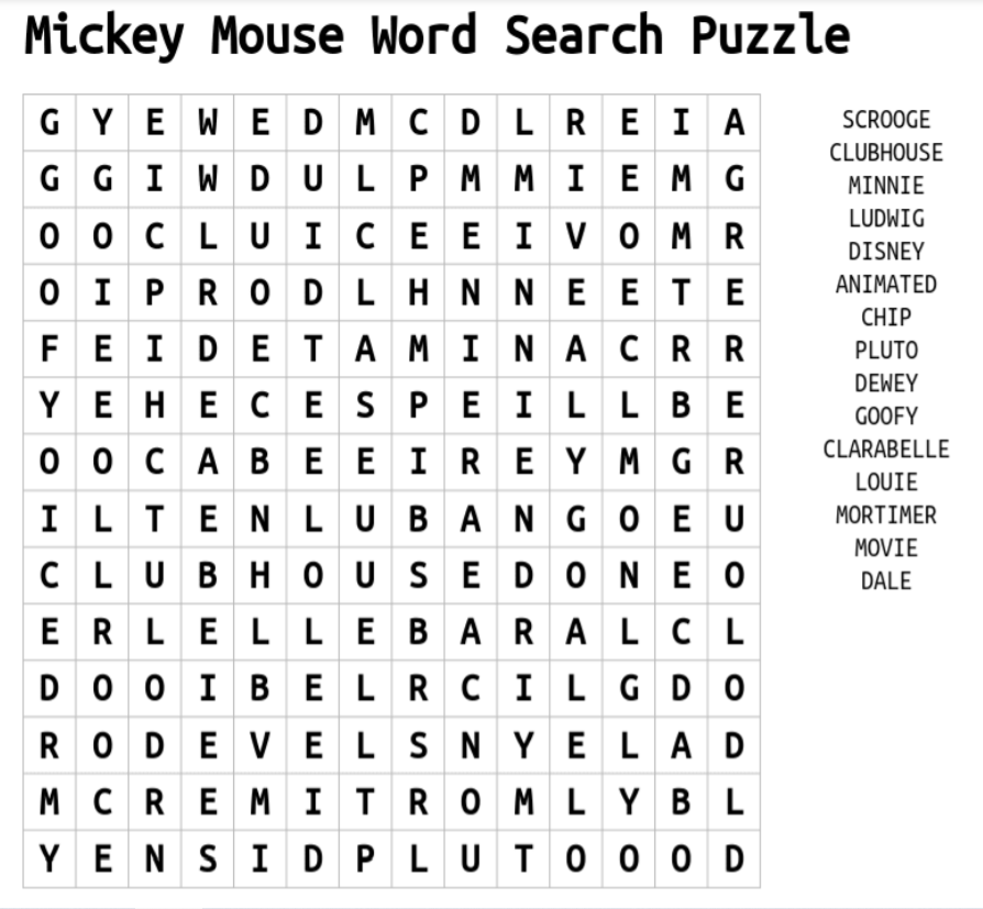 Mickey Mouse Word Search Puzzle
