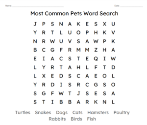 Most Common Pets Word Search