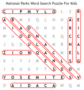 National Parks Word Search Puzzles For Kids Solution