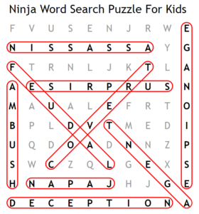 Ninja Word Search Puzzle For Kids answers